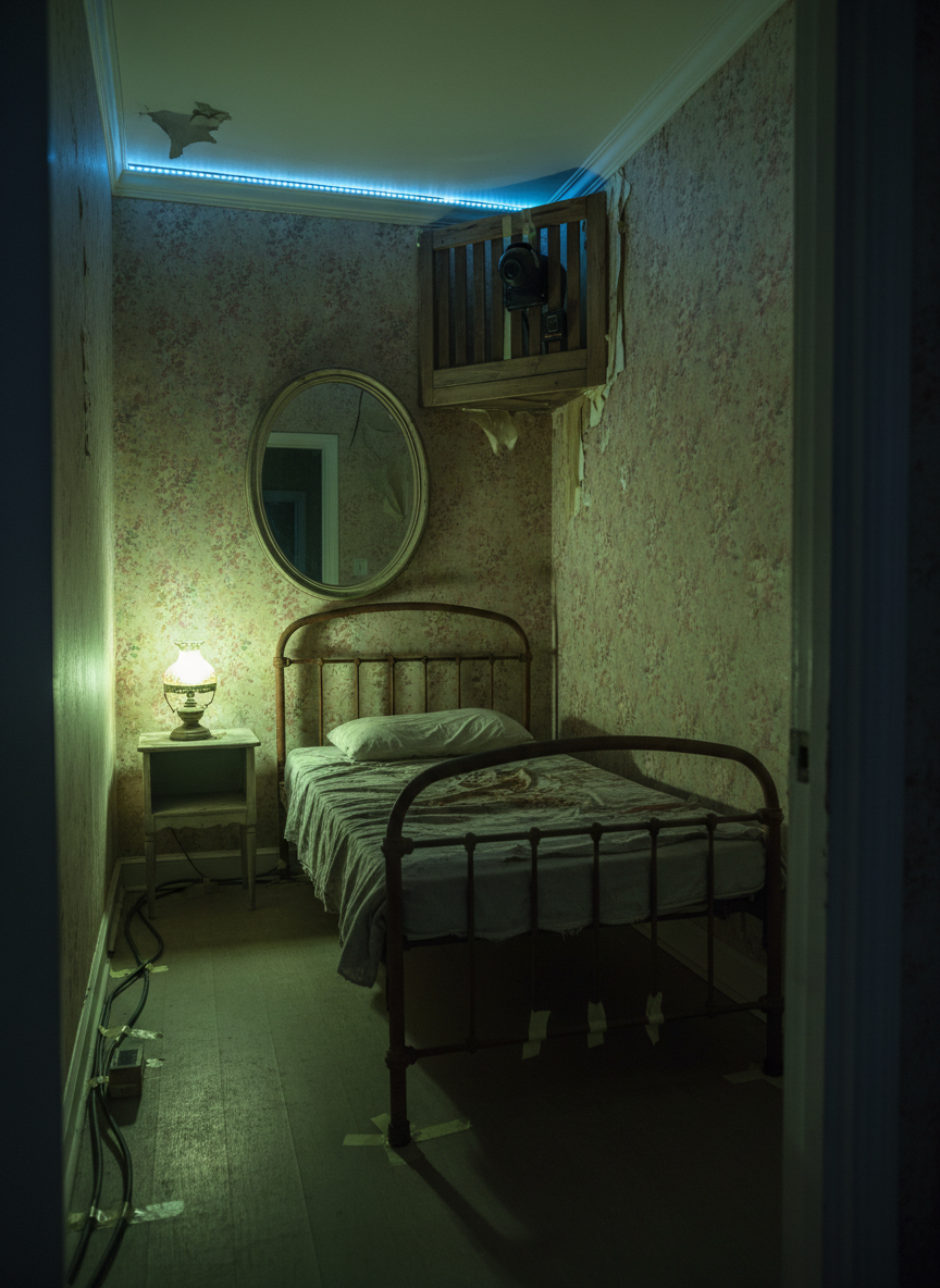 A fully dressed immersive horror room mid tech-rehearsal: a narrow, decaying bedroom set with peeling floral wallpaper, a sagging iron-framed bed, flickering practical lamp, and a cracked oval mirror. In the corner, disguised behind aged wooden slats, a small, clearly visible surveillance camera and infrared sensor hint at hidden show control. Discreet cable runs snake along the baseboards, secured with color-matched tape. Low, moody lighting mixes sickly green from a practical lamp with faint blue spill from a concealed LED strip, creating layered shadows. Photographic realism, shot from the doorway at eye level with a moderate depth of field, conveys an authentic, production-focused view into how technology supports atmosphere.