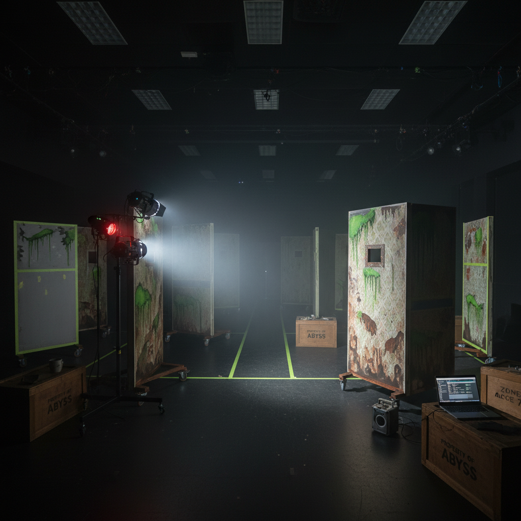 Inside a fog-hazed black box rehearsal space, modular scenic flats painted like rotting corridor walls stand half-finished on rolling casters. A portable lighting tree supports a mix of LED pars and a single powerful profile fixture, its beam slicing through haze to illuminate a marked pathway of glow tape on the floor. Prop crates labeled with stencils, a portable speaker, and a laptop running cueing software sit near the space’s edge. Overhead work lights are dimmed, leaving mostly the theatrical beams to define the space. Photographic realism, captured from a wide, slightly elevated angle with deep focus, emphasizes the transitional, in-progress nature of immersive horror production.