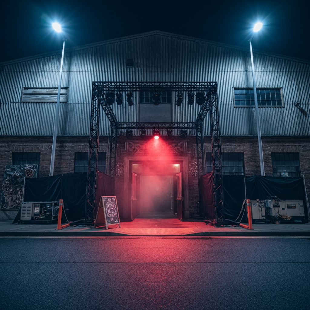 A night-time exterior of a pop-up immersive horror venue, set in a repurposed industrial building. The main entrance is framed by truss structures holding theatrical lights, subtle fog seeping from the doorway, and a sandwich board sign whose text is unreadable but clearly part of the show. Black soft goods and scenic panels hide back-of-house areas, while orange cable ramps cross the pavement. Streetlights cast a cool, urban glow, contrasted by a single blood-red wash light over the entrance, producing sharp, dramatic shadows. Captured in photographic realism from a low, wide angle, with crisp focus and deep depth of field, the mood is professionally orchestrated dread, emphasizing production infrastructure as much as the horror aesthetic.
