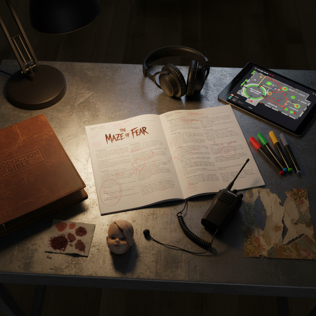 A close-up, overhead photographic shot of a creative producer’s annotated immersive horror script spread across a scuffed metal table, surrounded by production artifacts: a distressed leather binder, color-coded highlighters, a walkie-talkie with a coiled earpiece, a noise-cancelling headset, and a tablet showing a floor plan with routes and scare zones. Small prop samples—fake blood swatches, a chipped ceramic doll head, fragments of aged wallpaper—are neatly arrayed along one edge. Soft, focused desk lighting pools over the pages, leaving the room edges to fall into shadow. The composition uses rule of thirds and shallow depth of field, capturing the meticulous planning and narrative engineering behind an intense, immersive horror experience.