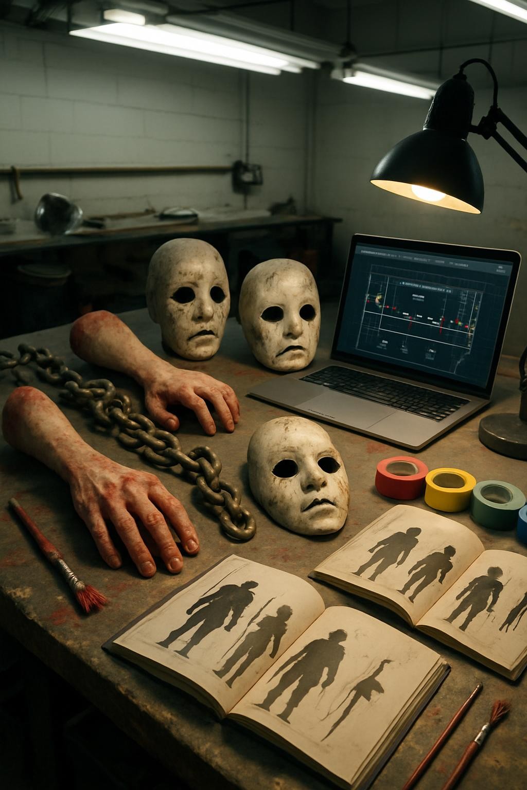 A cluttered production design workshop table covered in detailed horror props: silicone severed limbs mid-paint, weathered chains, cracked porcelain masks, and open sketchbooks with partially visible concept art silhouettes. Beside them, a laptop displays a lighting plot, and color-coded tape rolls line the edge of the table. Overhead fluorescent fixtures create bright, clinical light that reveals every texture and brushstroke, while a single desk lamp adds a warm pool of focus. Captured from a slightly elevated angle in photographic realism, with sharp focus throughout, the mood balances obsessive craftsmanship with underlying menace, ideal for illustrating the behind-the-scenes creation of immersive horror experiences.
